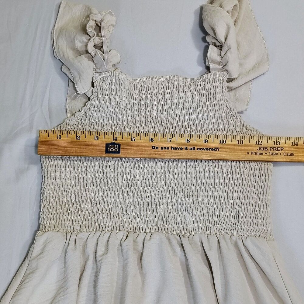 Beige Smocked Ruffle Sleeve Fit & Flare Dress Sz S Sun Dress Beach Coastal - Picture 3 of 5